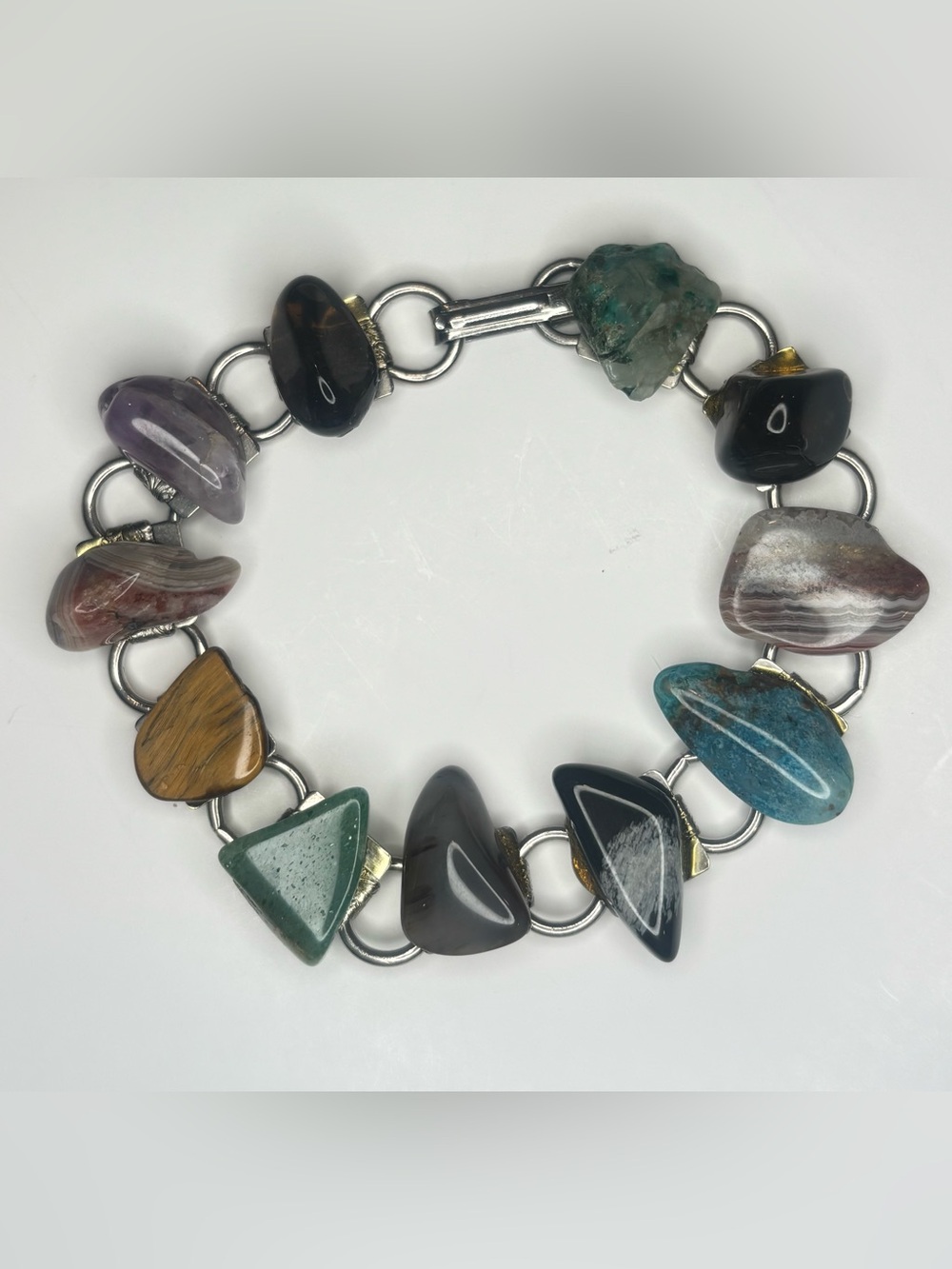 Vintage Hand Made Assorted Semi Precious Stones Chain Bracelet Silver Tone